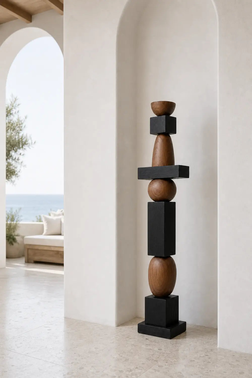 Large Geometric Wooden Sculpture For Minimalist Living Room Decor - Freestanding Abstract Art