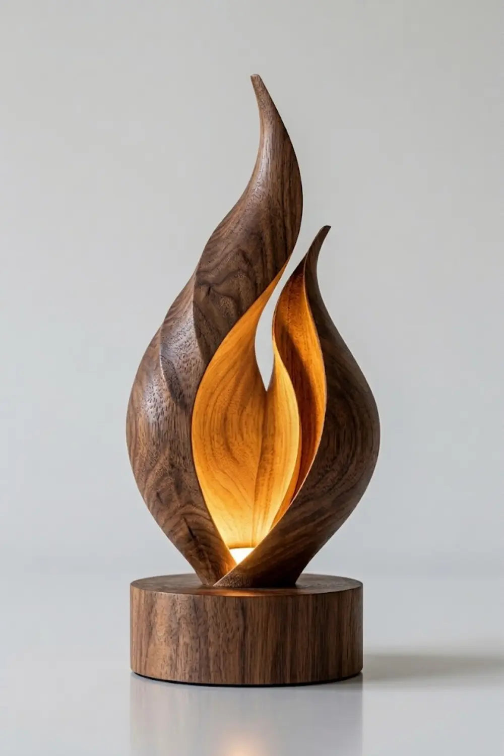 Solid Wood Flame Sculpture Lamp Warm White Light Artistic Desk Accent For Living Room