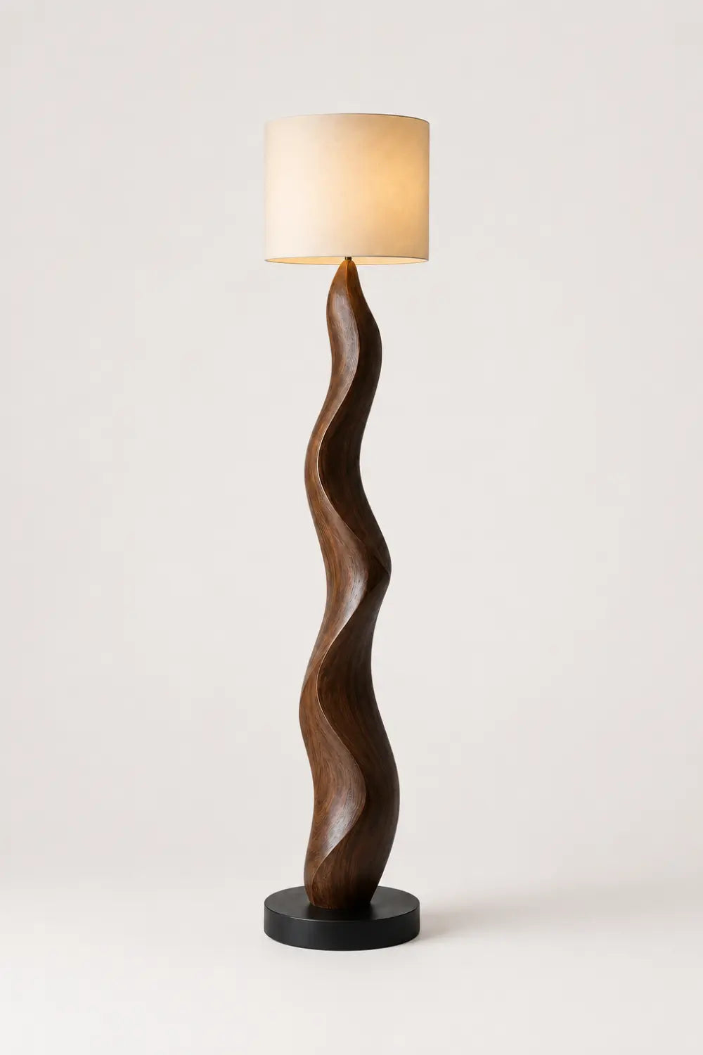 Abstract Wood Floor Lamp With Sinuous Carved Base And Linen Shade For Modern Living Rooms