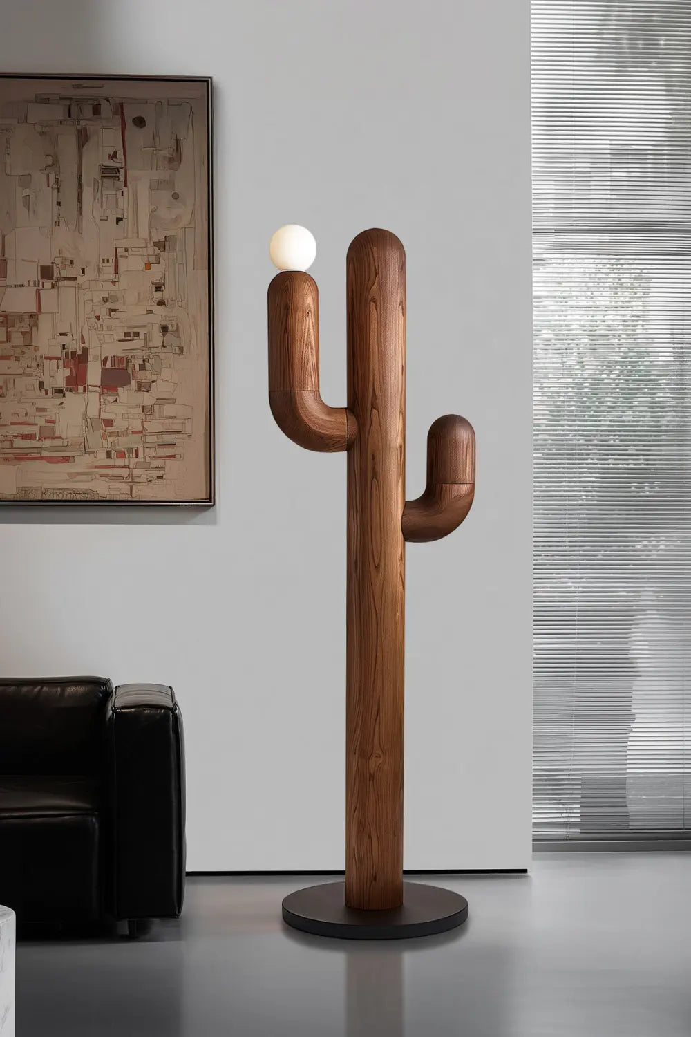 Modern Walnut Cactus Floor Lamp Minimalist Wooden Light Sculpture For Living Room Decor