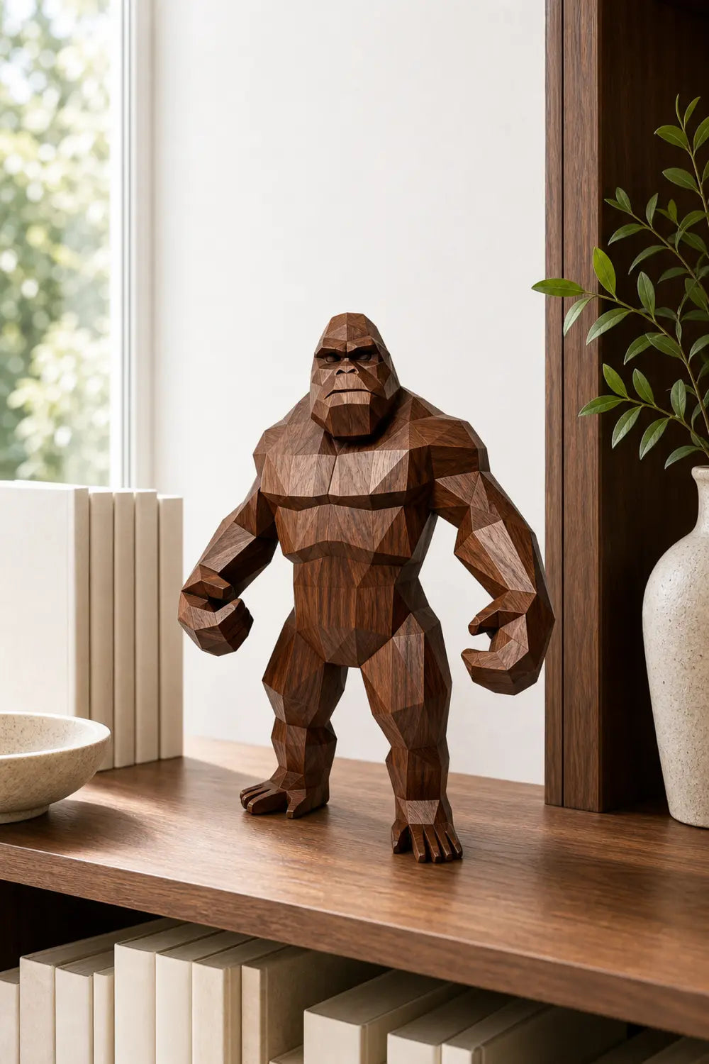 Hand Carved Wooden Gorilla Sculpture Modern Geometric Animal Decor For Living Room