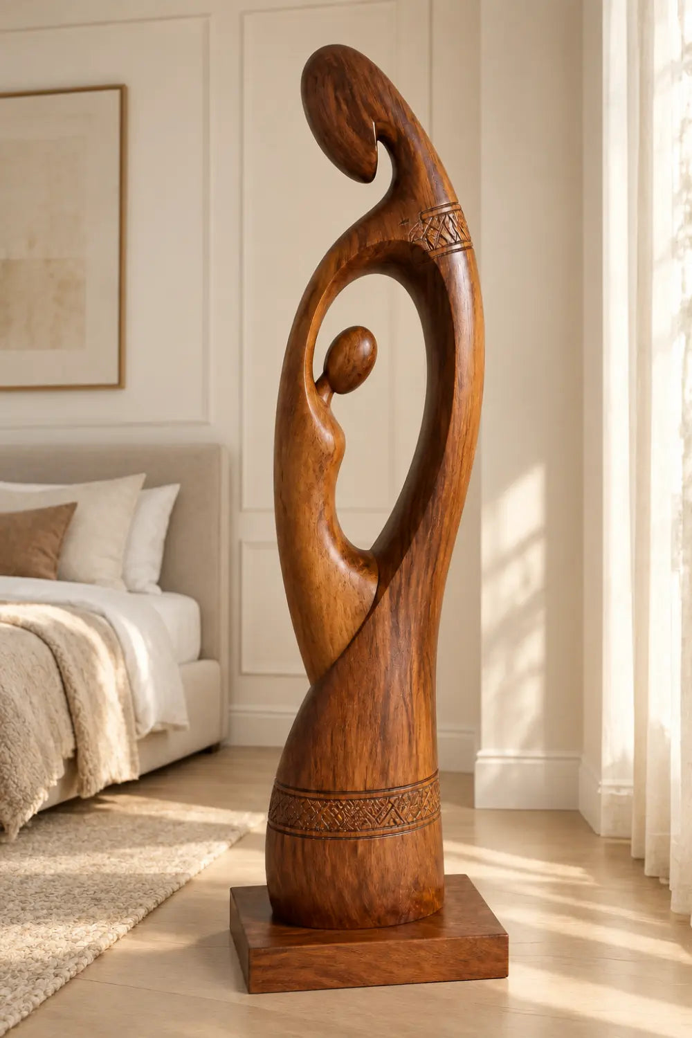 Large Abstract Mother And Child Wooden Sculpture For Modern Home Decor