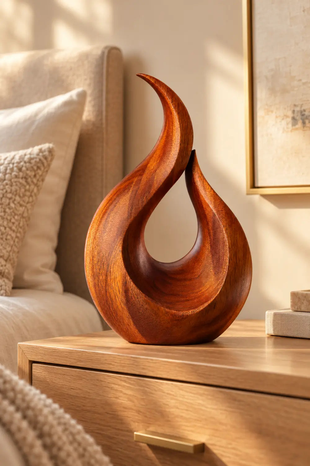 Modern Carved Wooden Flame Sculpture | Abstract Teardrop Fire Art Home Decor