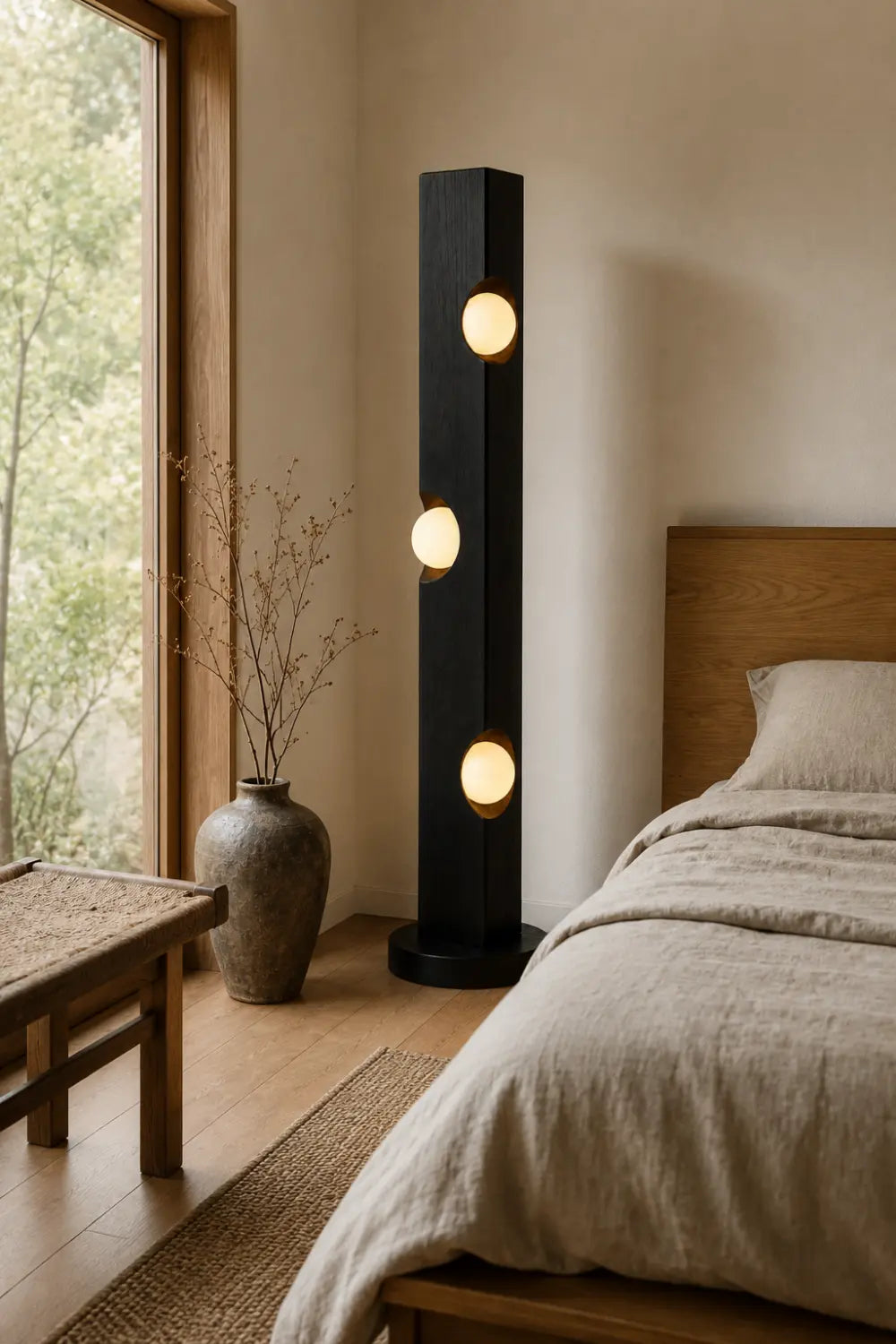 Sculptural Wooden Floor Lamp Abstract Black Timber Light Fixture For Art Gallery Style Home Interiors