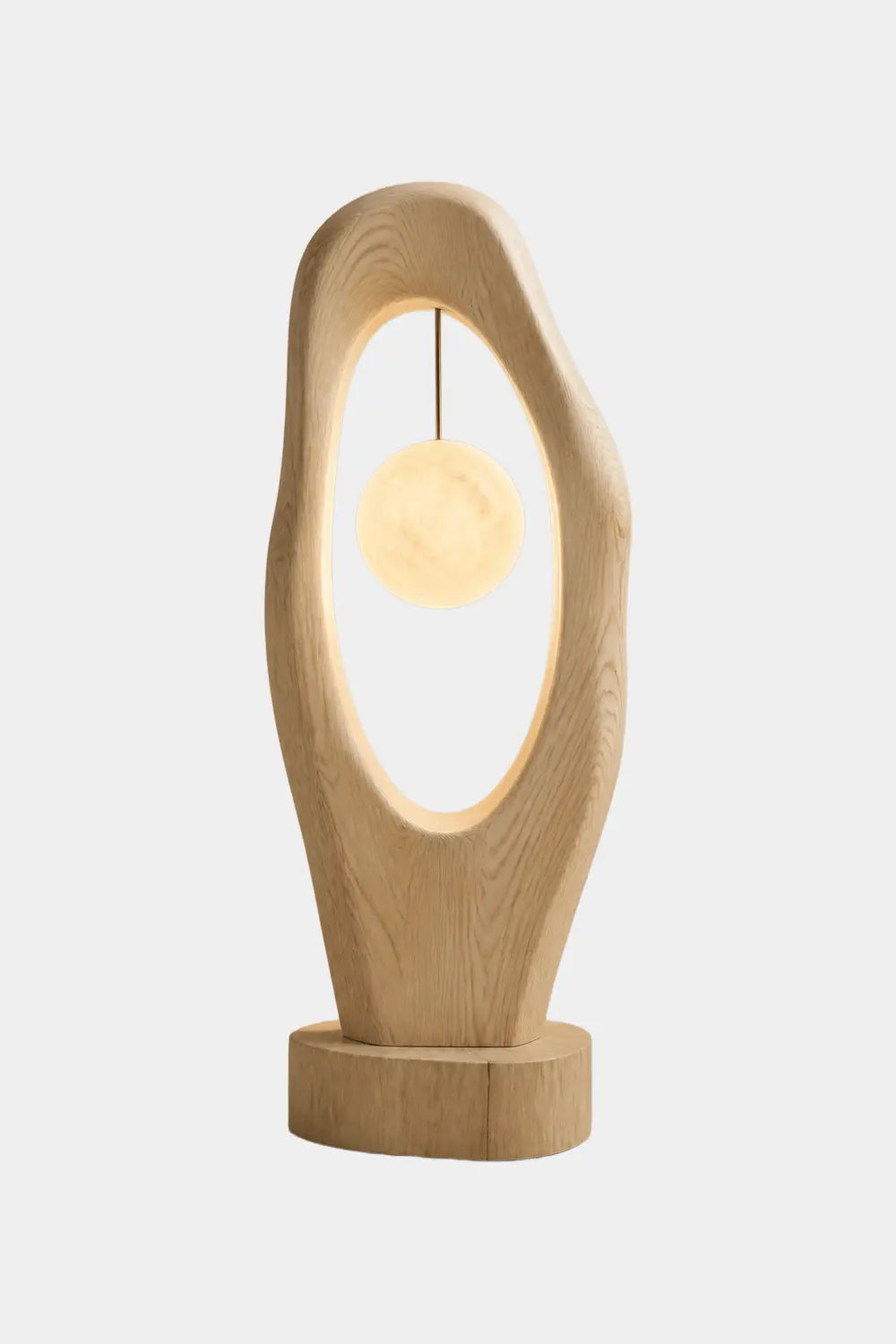 Abstract Sculptural Wood Floor Lamp With Hanging Orb Light As Artistic Home Decor Piece