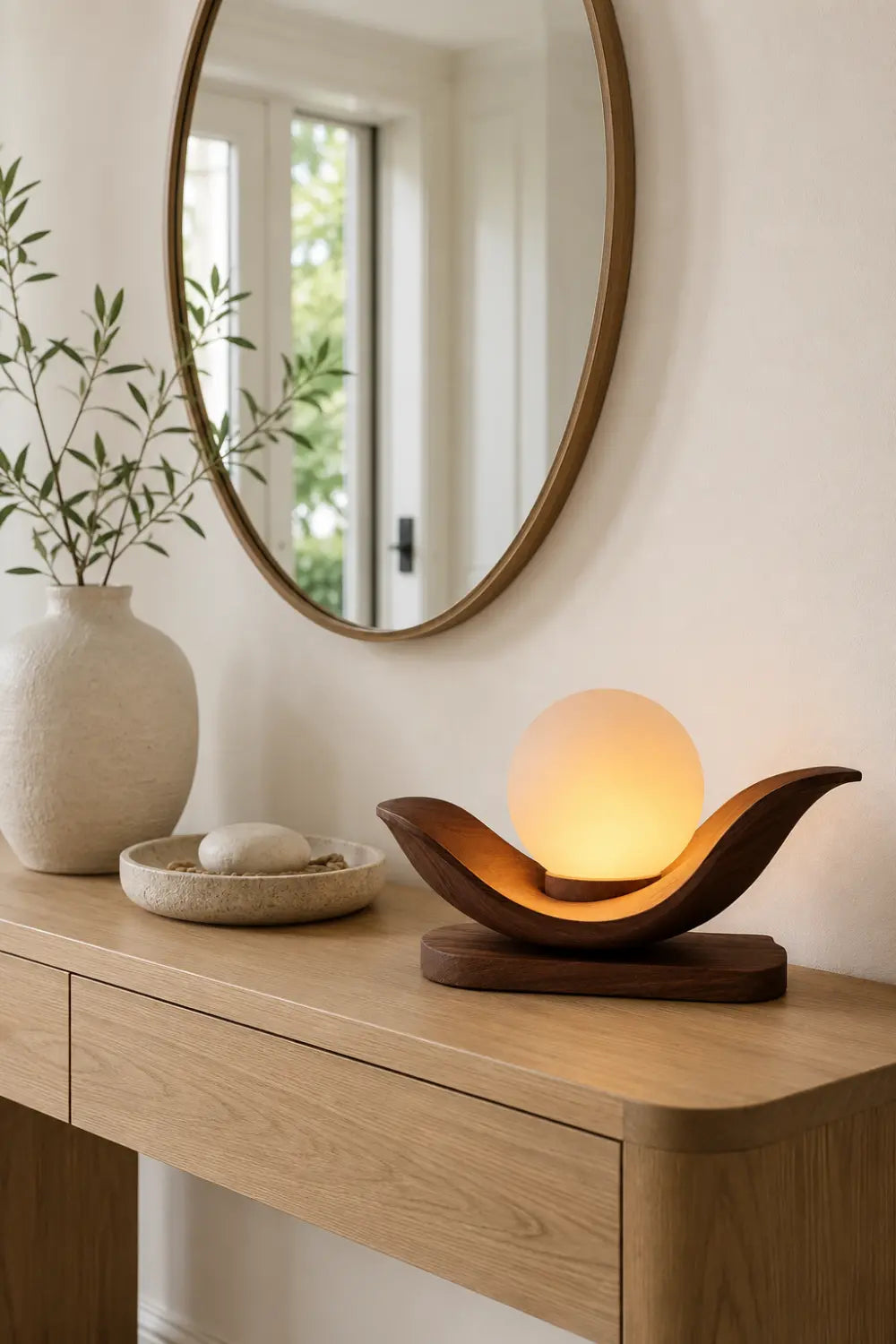 Minimalist Wooden Cradle Desk Lamp | Horizontal Sphere Tray Accent Light | Cozy Space Gift