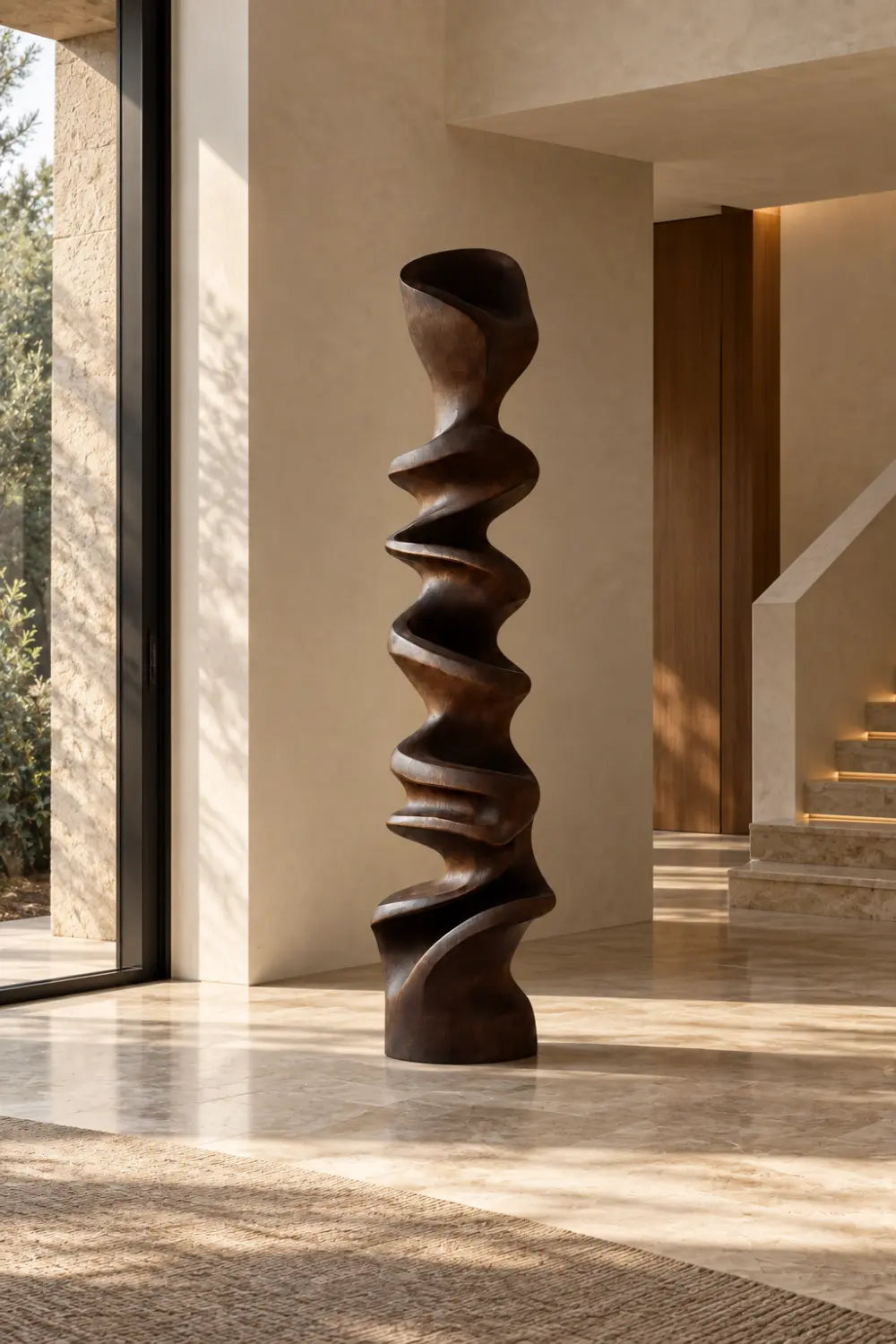 Large Abstract Walnut Wood Floor Sculpture Modern Spiral Form