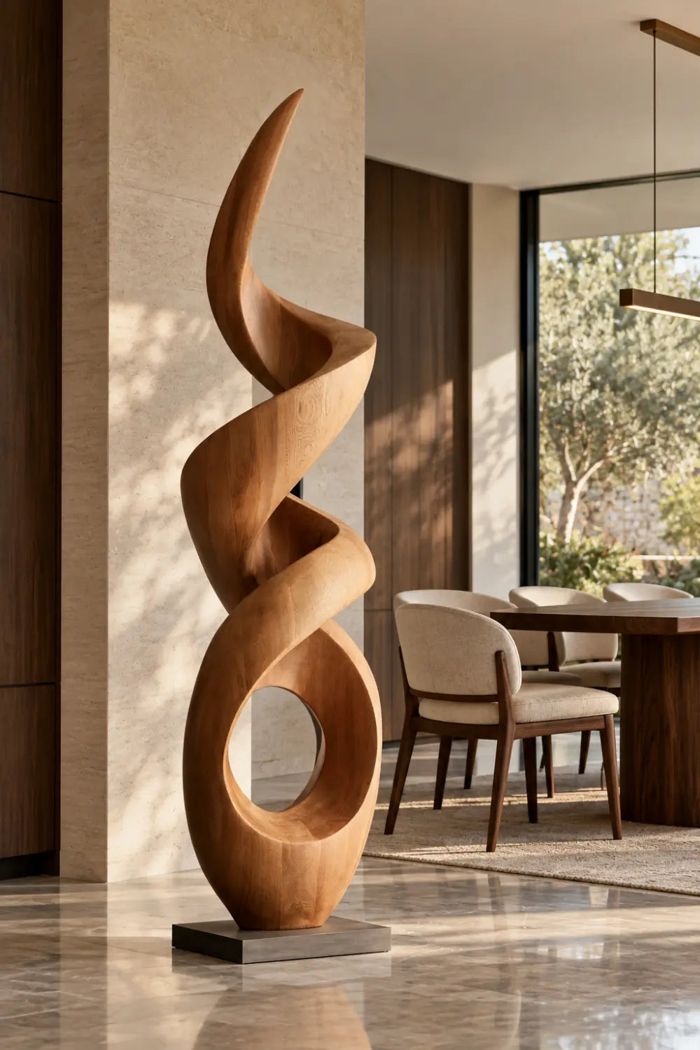 Large Walnut Wood Spiral Abstract Sculpture For Modern Home Decor And Gallery Display