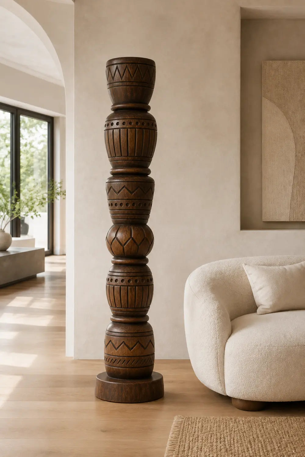 Stacked Geometric Wood Floor Sculpture | Tall Pillar Decor For Living Space