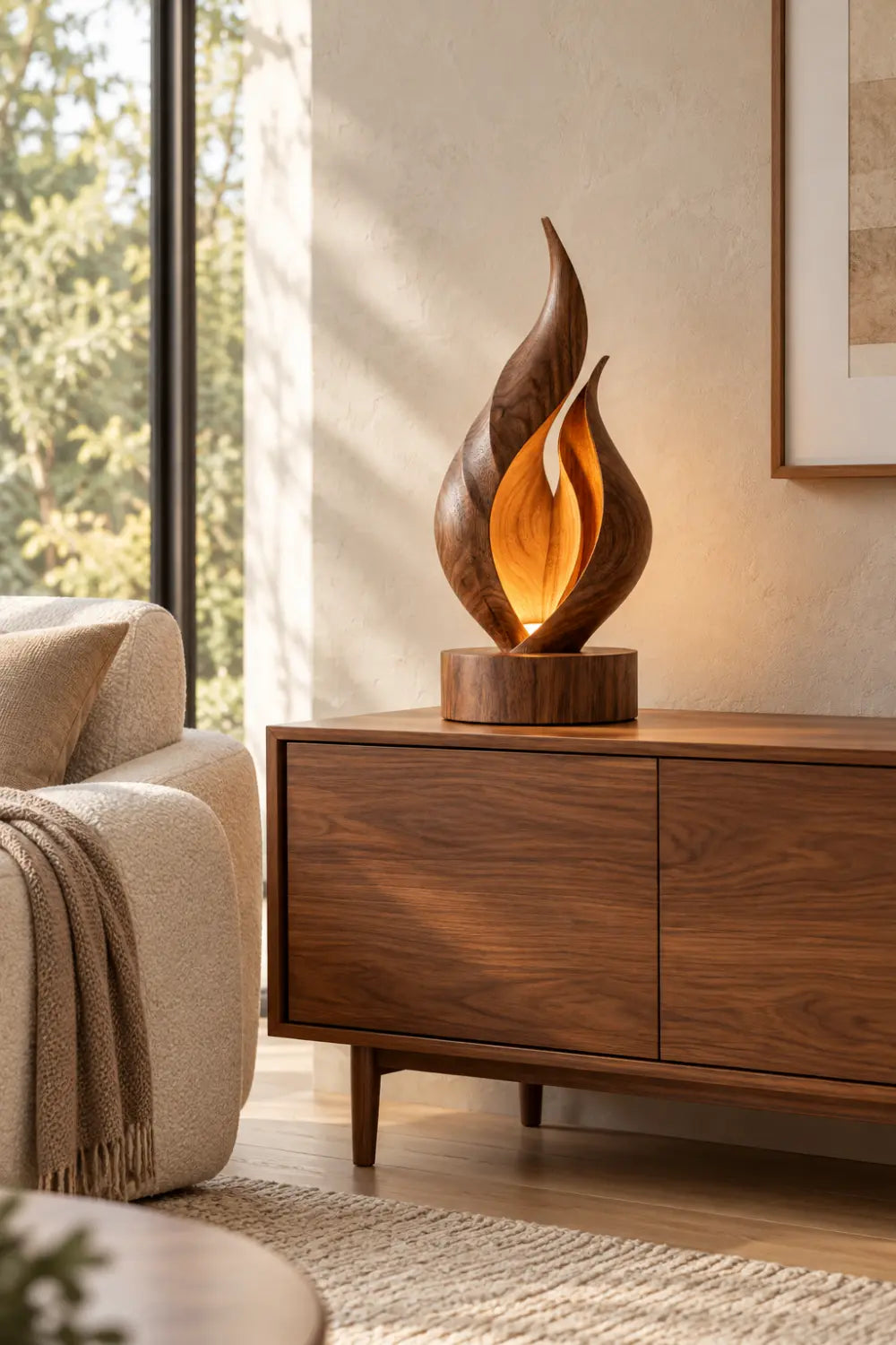 Solid Wood Flame Sculpture Lamp Warm White Light Artistic Desk Accent For Living Room