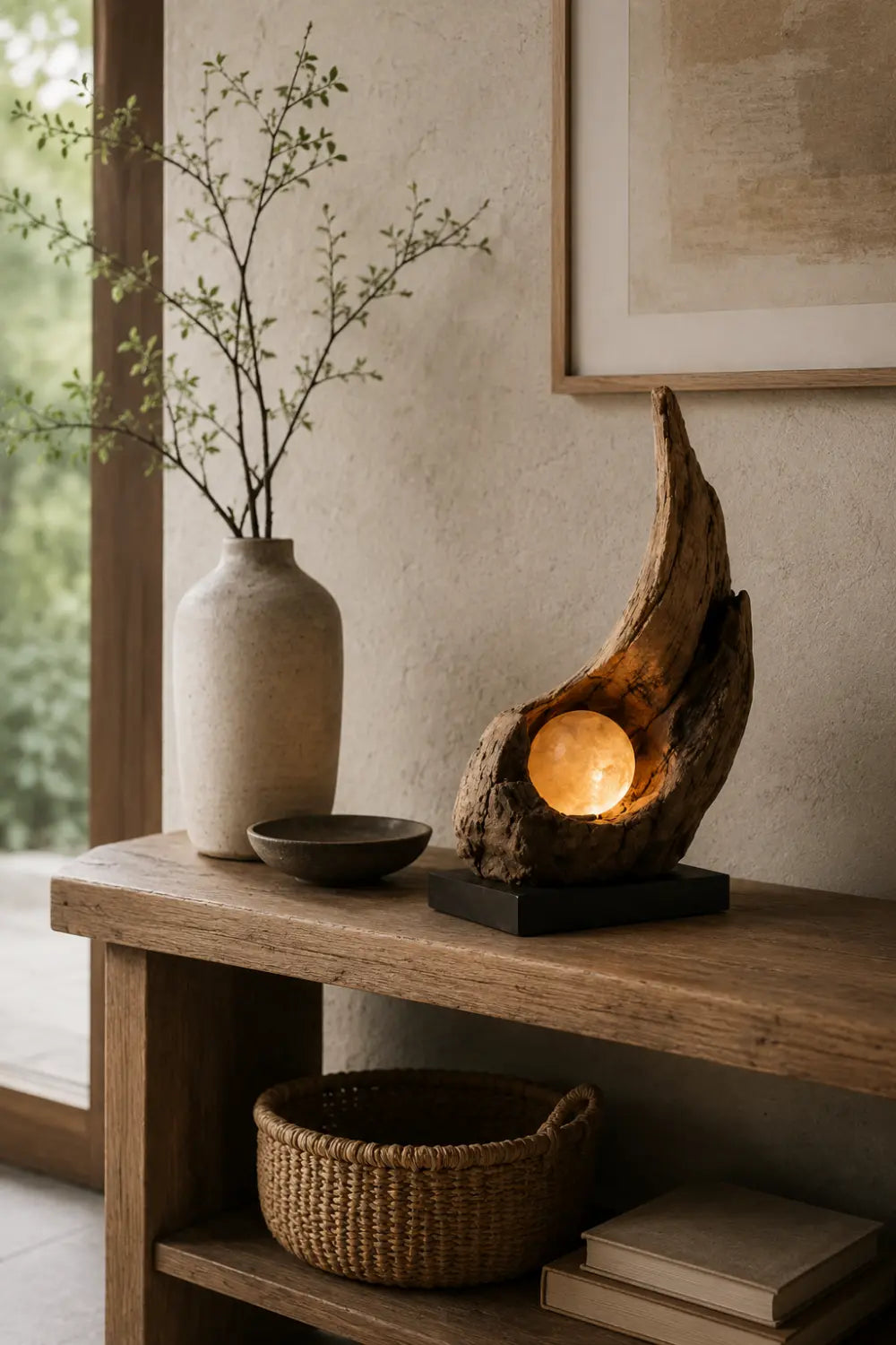 Organic Sculptural Wooden Lamp Emitting Cozy Warm White Light For Elegant Interior Spaces