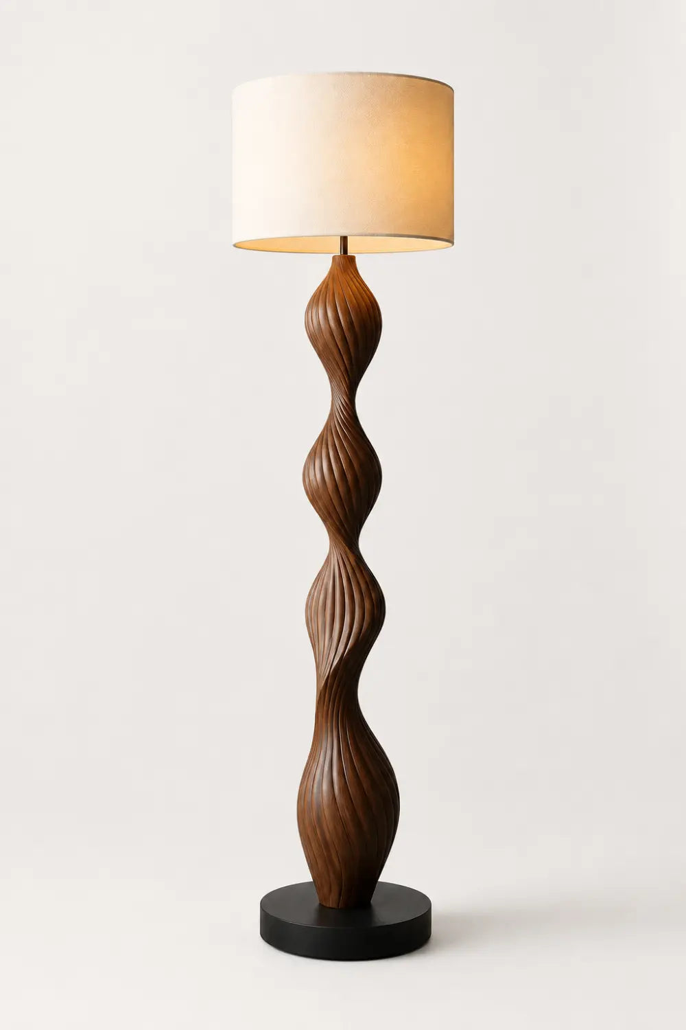 Modern Spiral Wood Floor Lamp With Warm Linen Shade For Contemporary Living Rooms