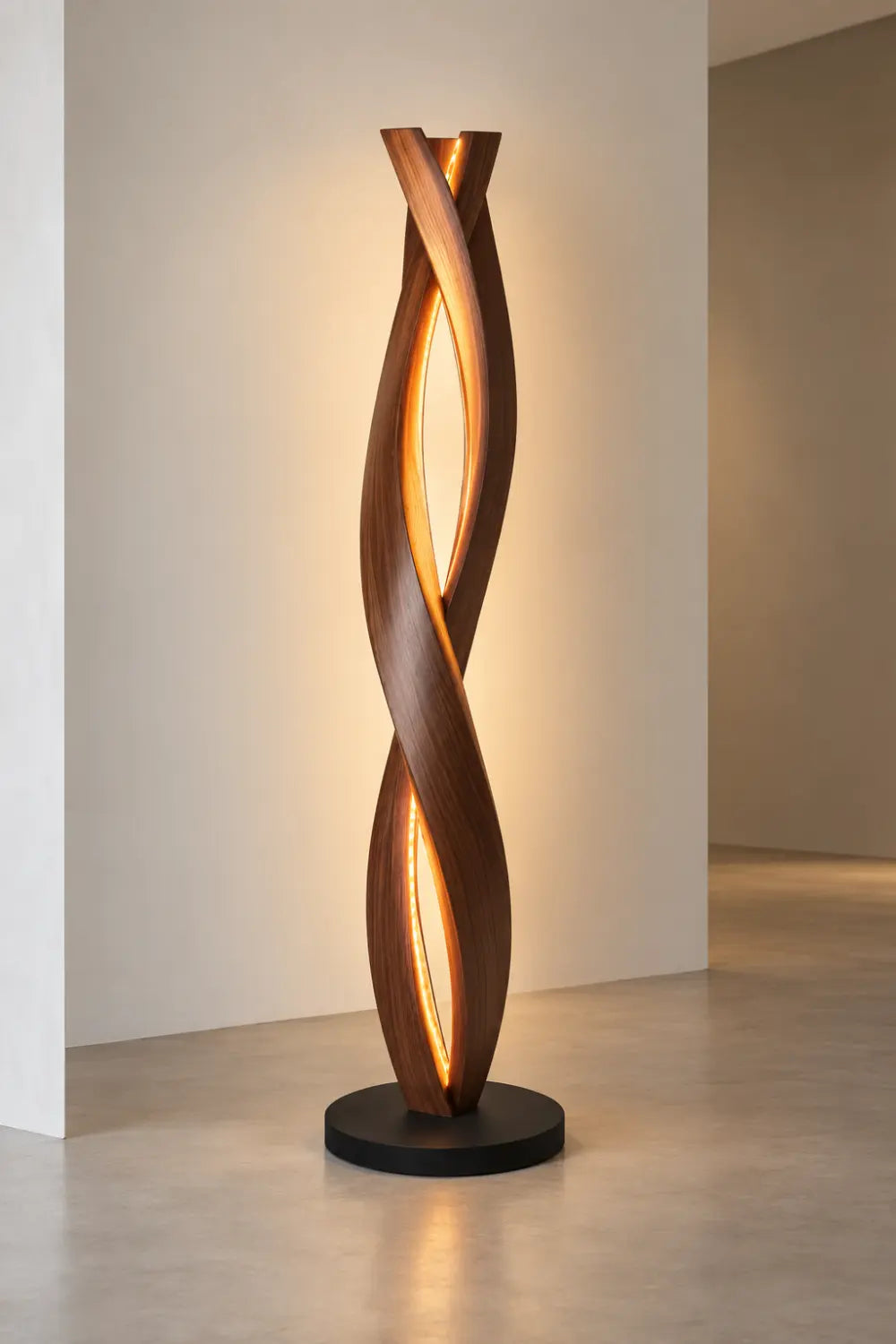 Handcrafted Walnut Floor Lamp With Spiraling Abstract Form For Modern Living Rooms