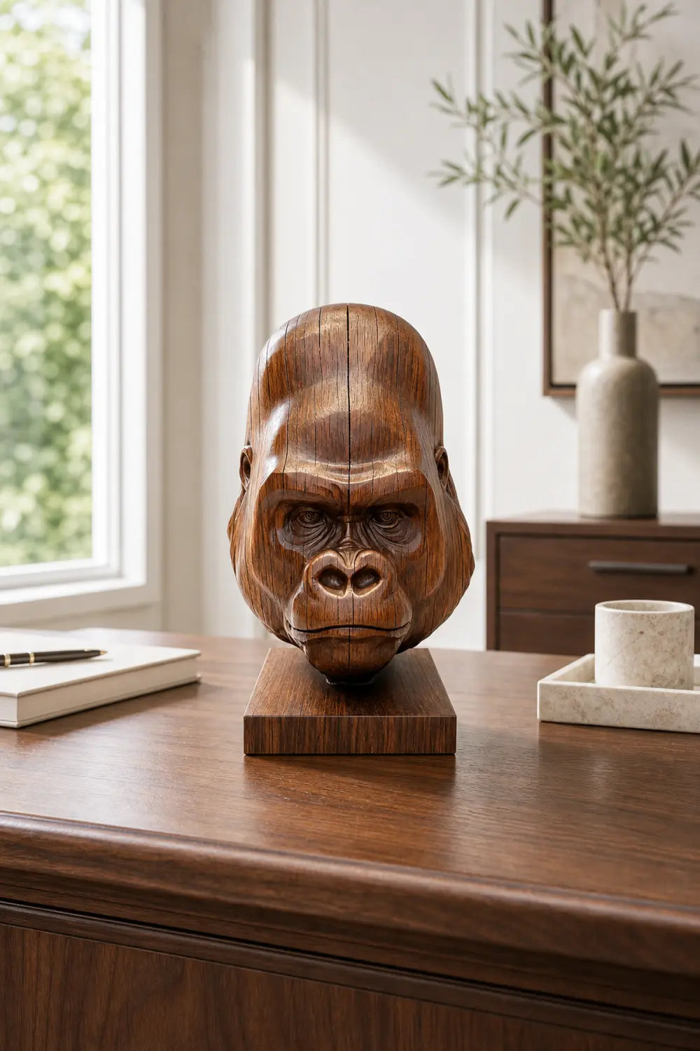 Hand Carved Walnut Gorilla Head Sculpture For Modern Home Decor And Shelf Display