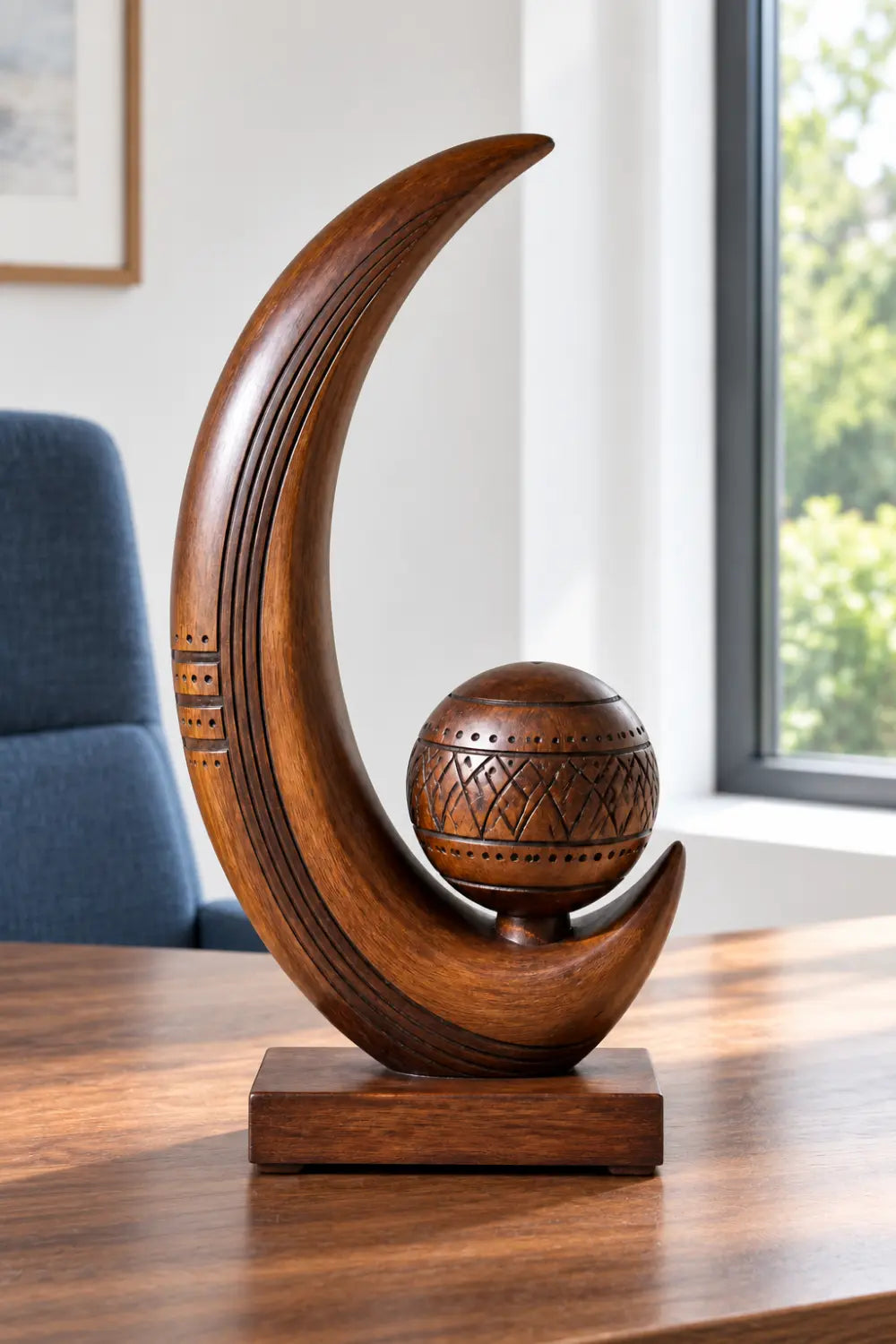 Artisan Carved Wooden Sculpture Abstract Sphere And Crescent Tabletop Art