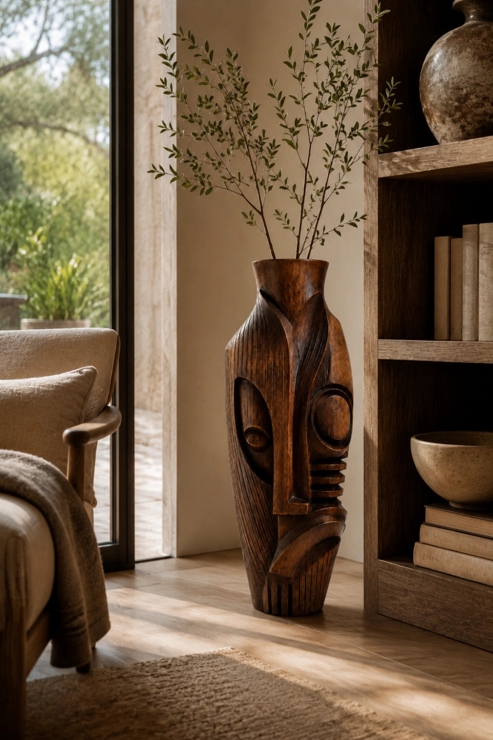 Hand-Carved African Tribal Wooden Vase Abstract Large Floor Decor