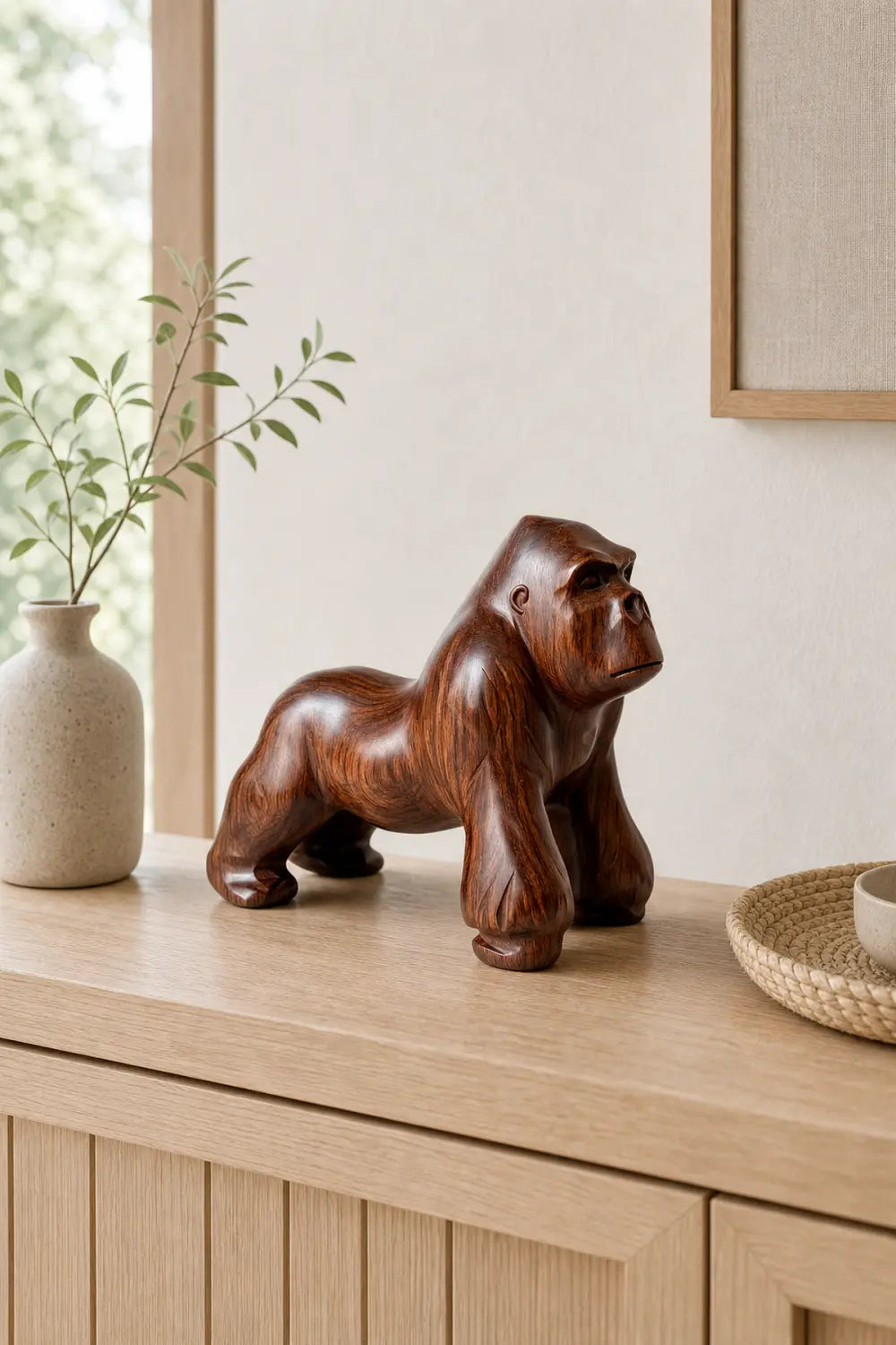 Hand-Carved Walnut Gorilla Sculpture - Realistic Animal Wood Statue For Home Decor