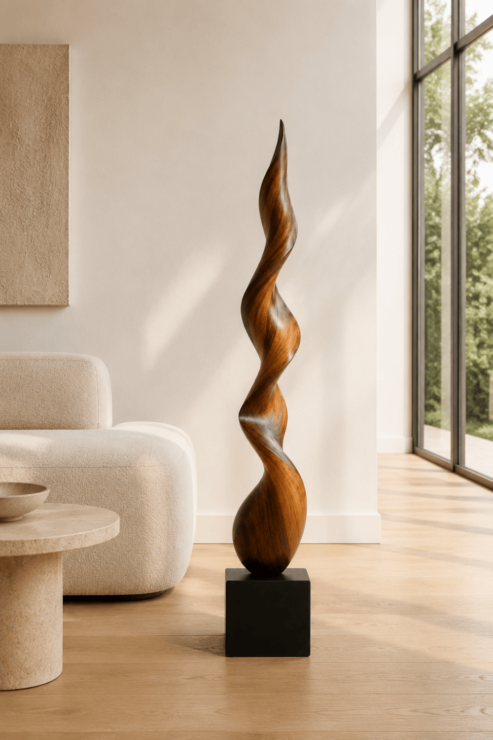 Large Abstract Walnut Wood Spiral Sculpture For Modern Home Decor And Gallery Display