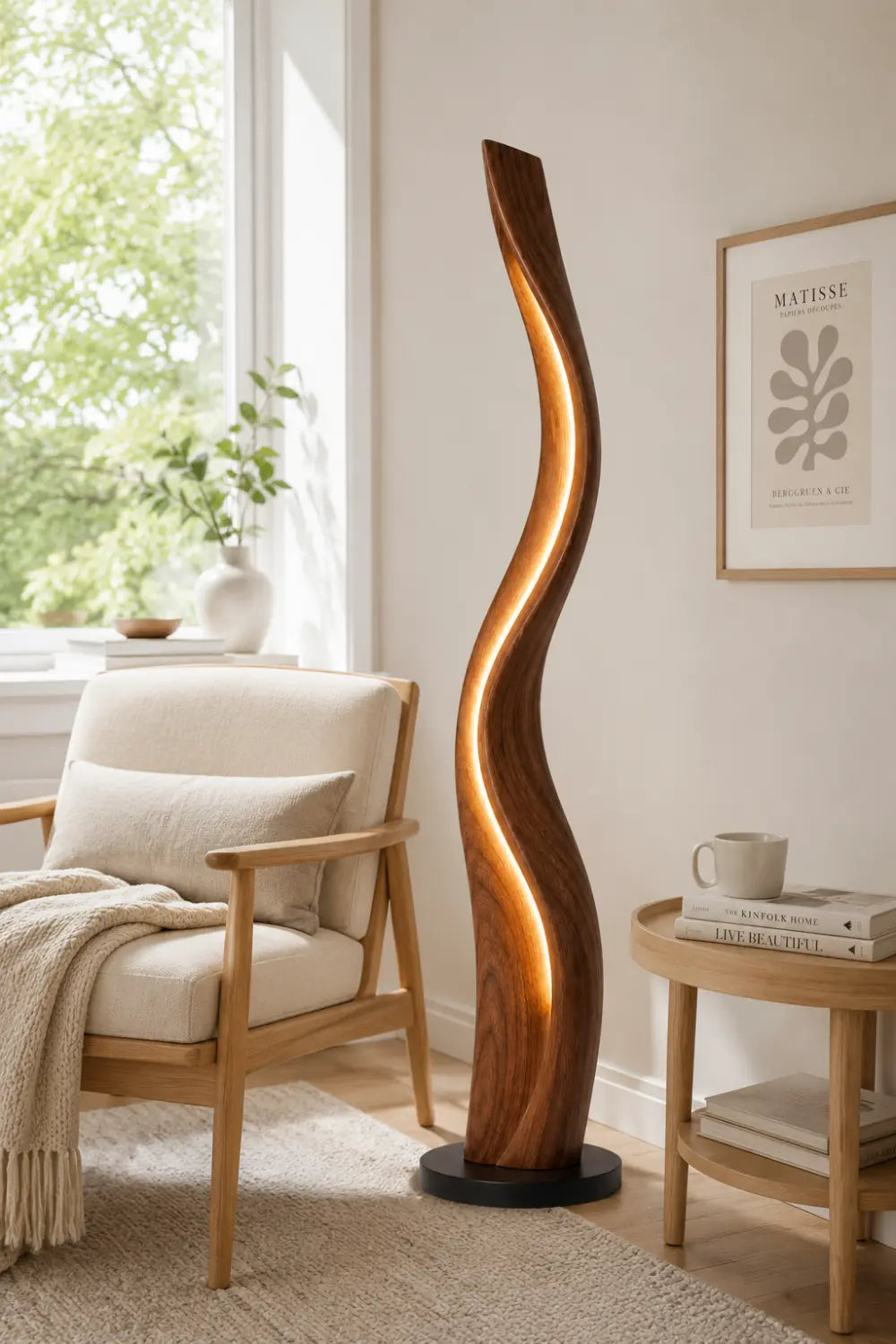 Organic Sculptural Wood Floor Lamp Twisted Design Warm White Light Home