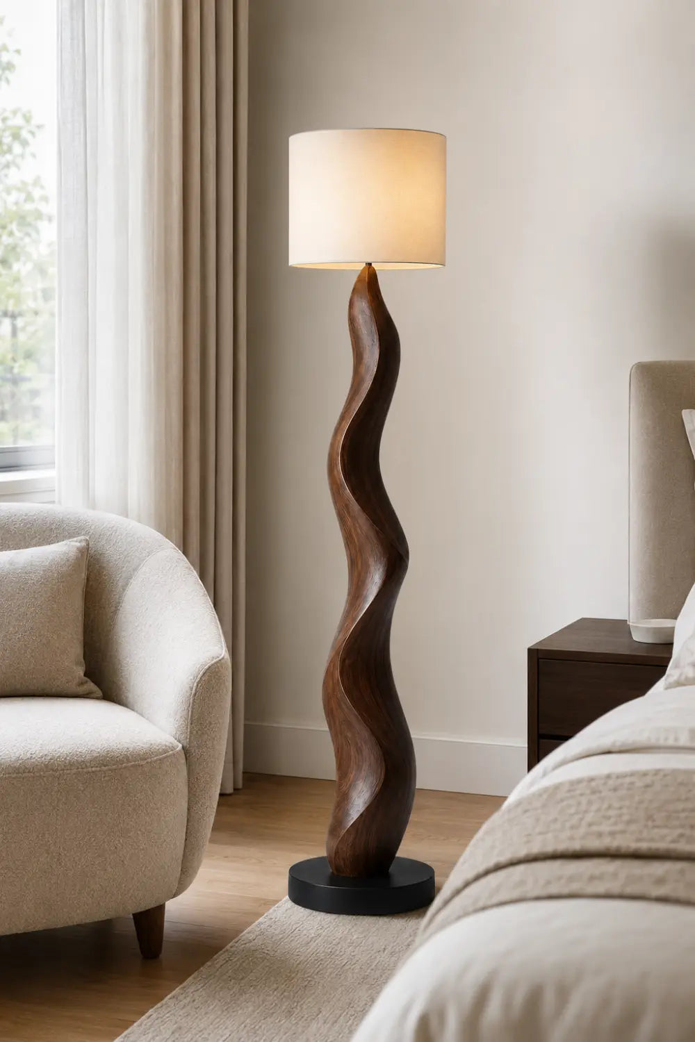 Abstract Wood Floor Lamp With Sinuous Carved Base And Linen Shade For Modern Living Rooms