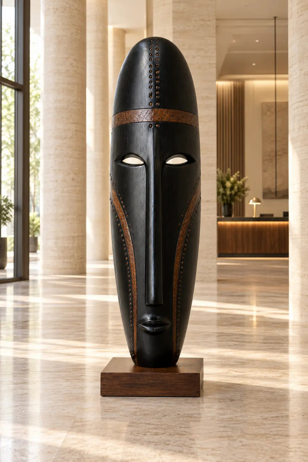 Large Black Walnut Wood Tribal Face Sculpture For Modern Home Decor