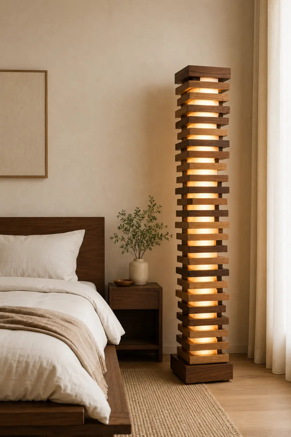 Handcrafted Natural Wood Floor Lamp With Layered Slats And Warm Glow Lighting