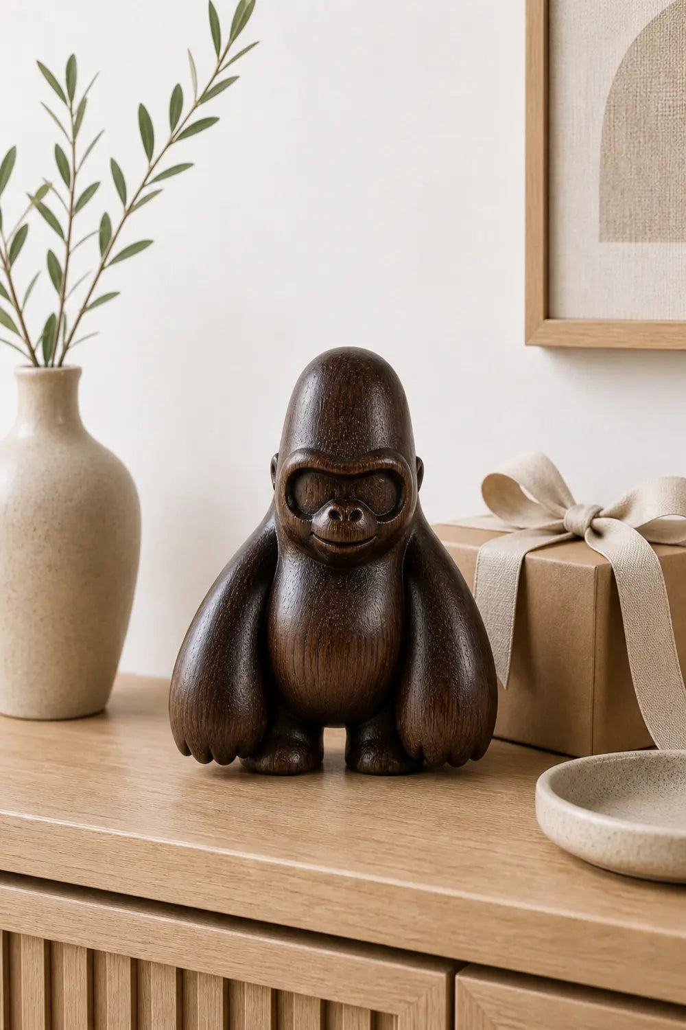 Hand-Carved Walnut Gorilla Sculpture For Modern Home Decor And Minimalist Interior Design
