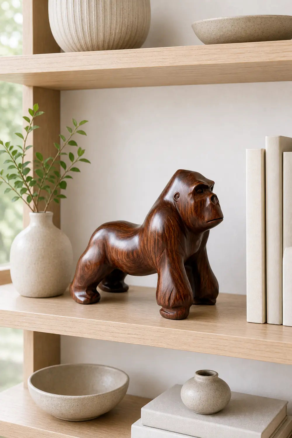 Hand-Carved Walnut Gorilla Sculpture - Realistic Animal Wood Statue For Home Decor
