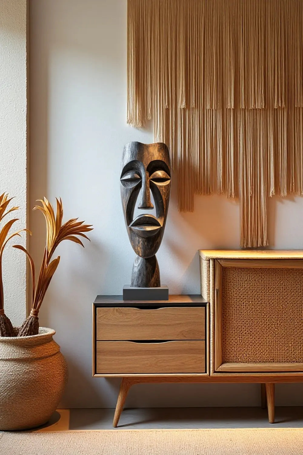 African Tribal Wooden Head Sculpture – Hand-Carved Abstract Cultural Art Décor