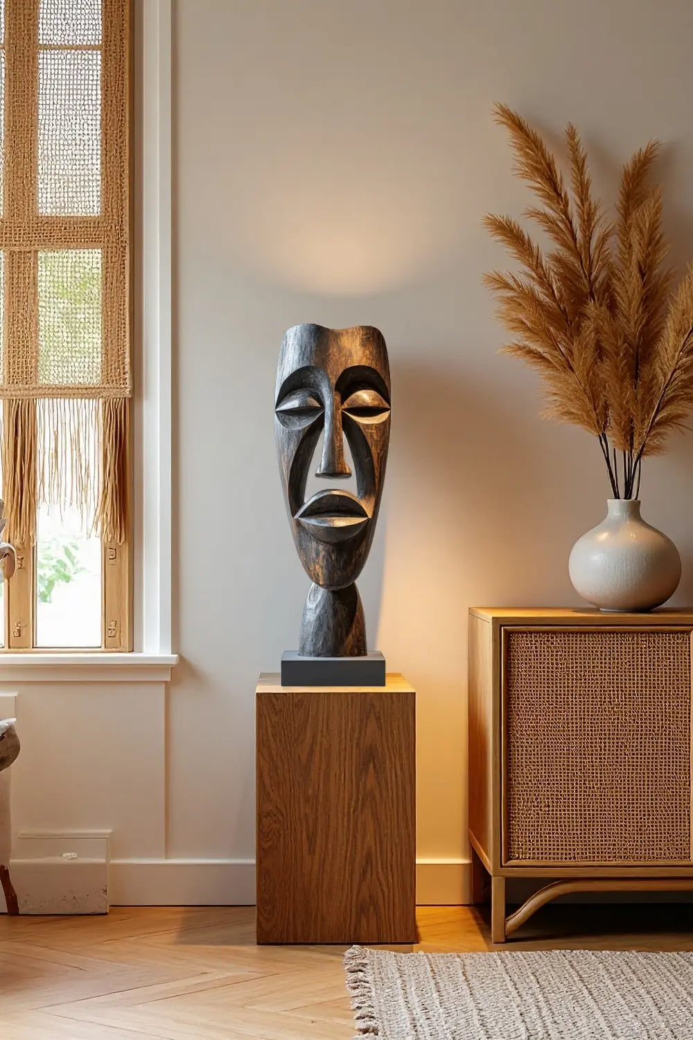 African Tribal Wooden Head Sculpture – Hand-Carved Abstract Cultural Art Décor