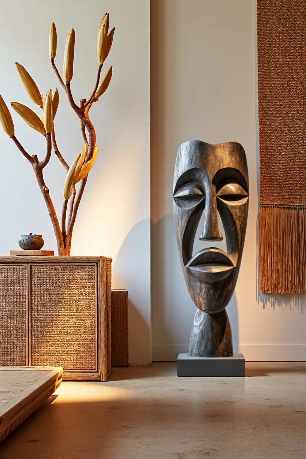 African Tribal Wooden Head Sculpture – Hand-Carved Abstract Cultural Art Décor