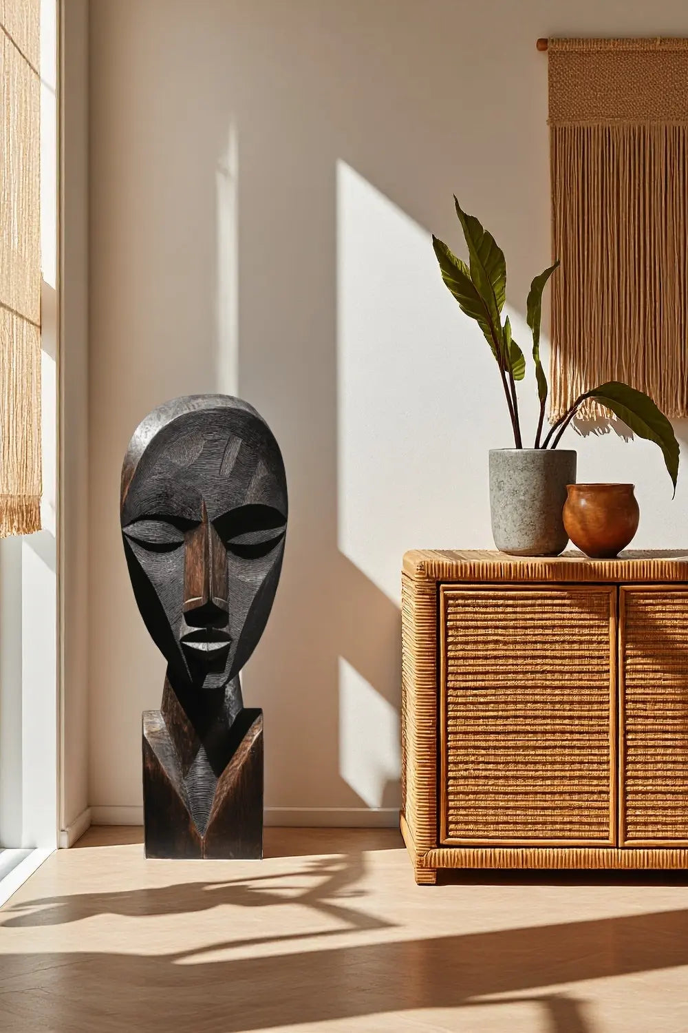 African Tribal Geometric Wooden Head Sculpture – Hand-Carved Ethnic Art Décor