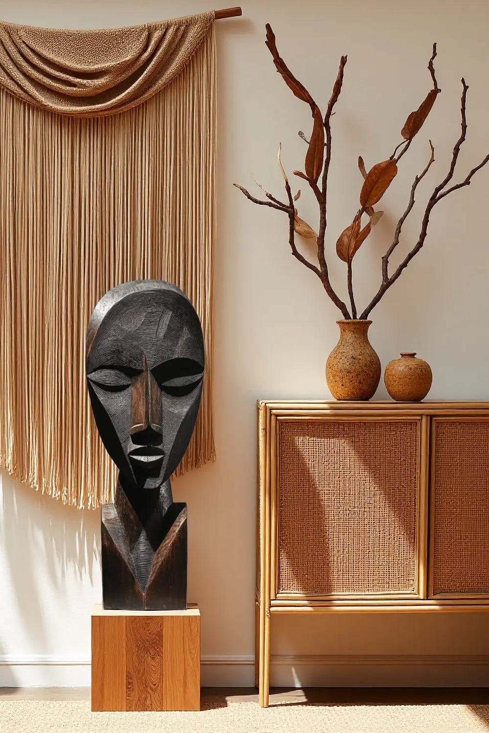 African Tribal Geometric Wooden Head Sculpture – Hand-Carved Ethnic Art Décor