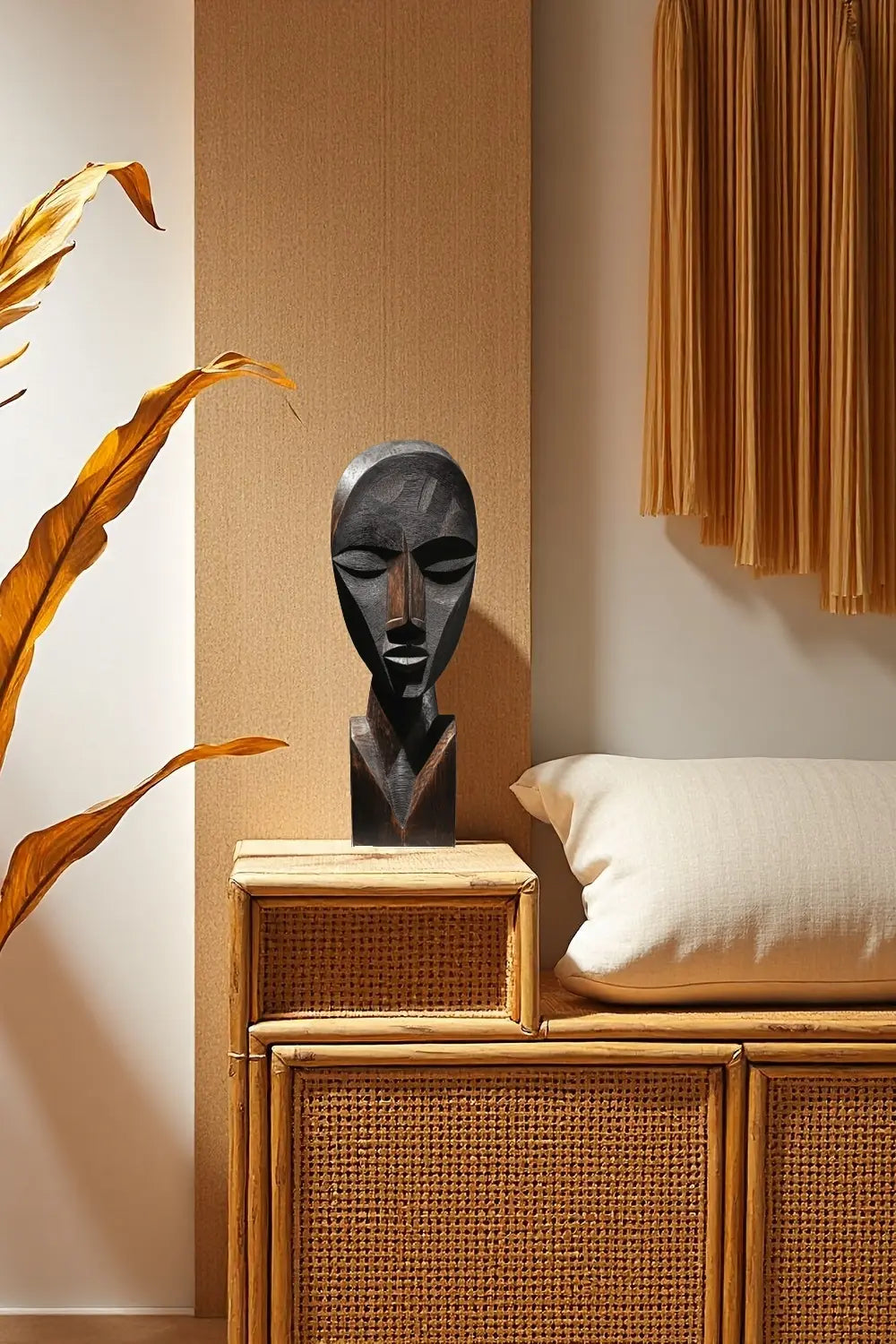 African Tribal Geometric Wooden Head Sculpture – Hand-Carved Ethnic Art Décor