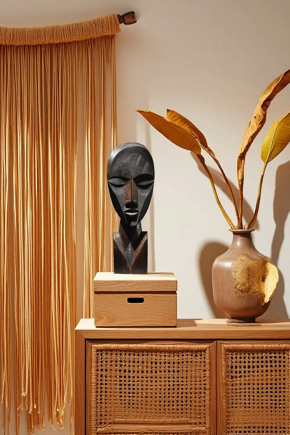 African Tribal Geometric Wooden Head Sculpture – Hand-Carved Ethnic Art Décor