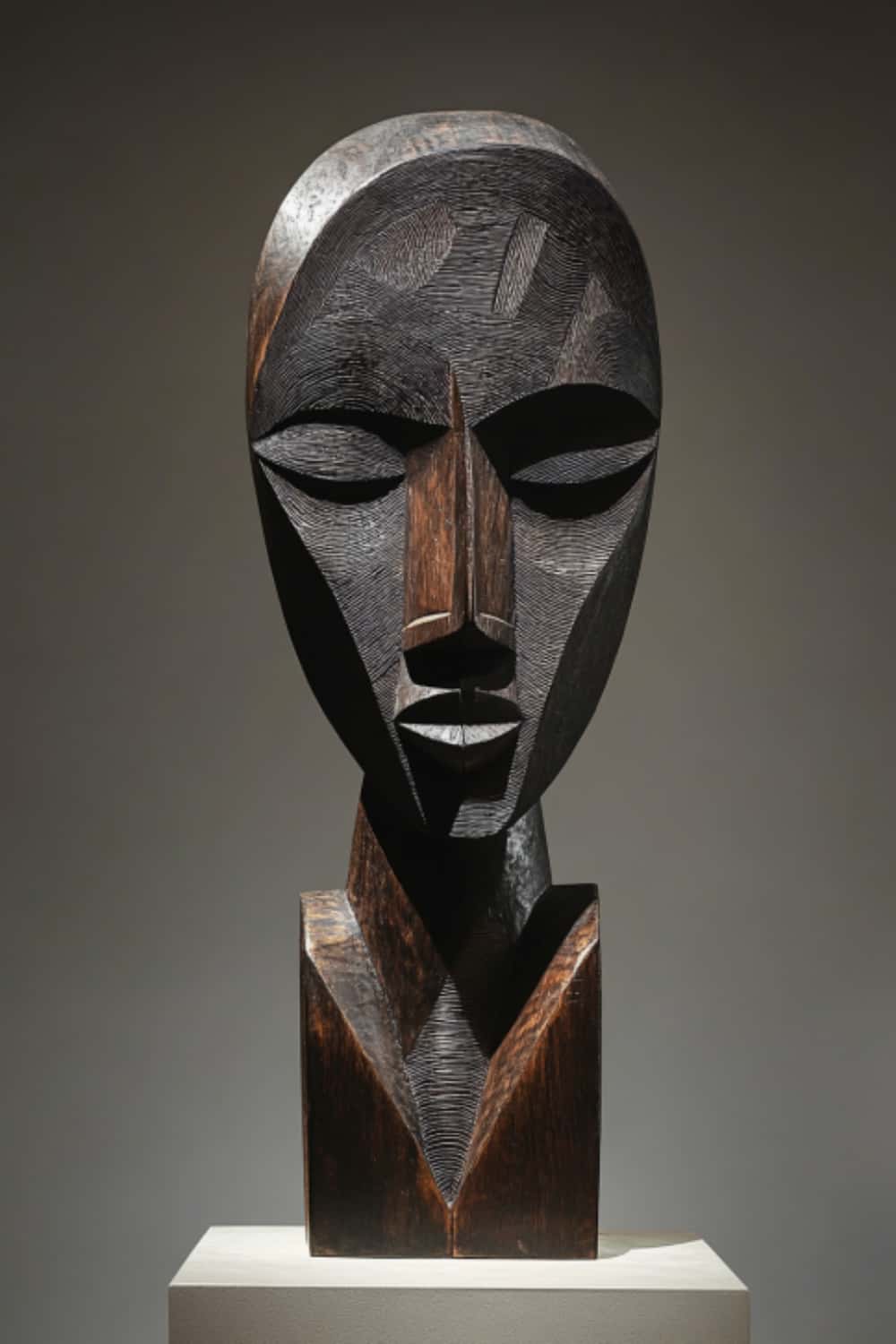 African Tribal Geometric Wooden Head Sculpture – Hand-Carved Ethnic Art Décor