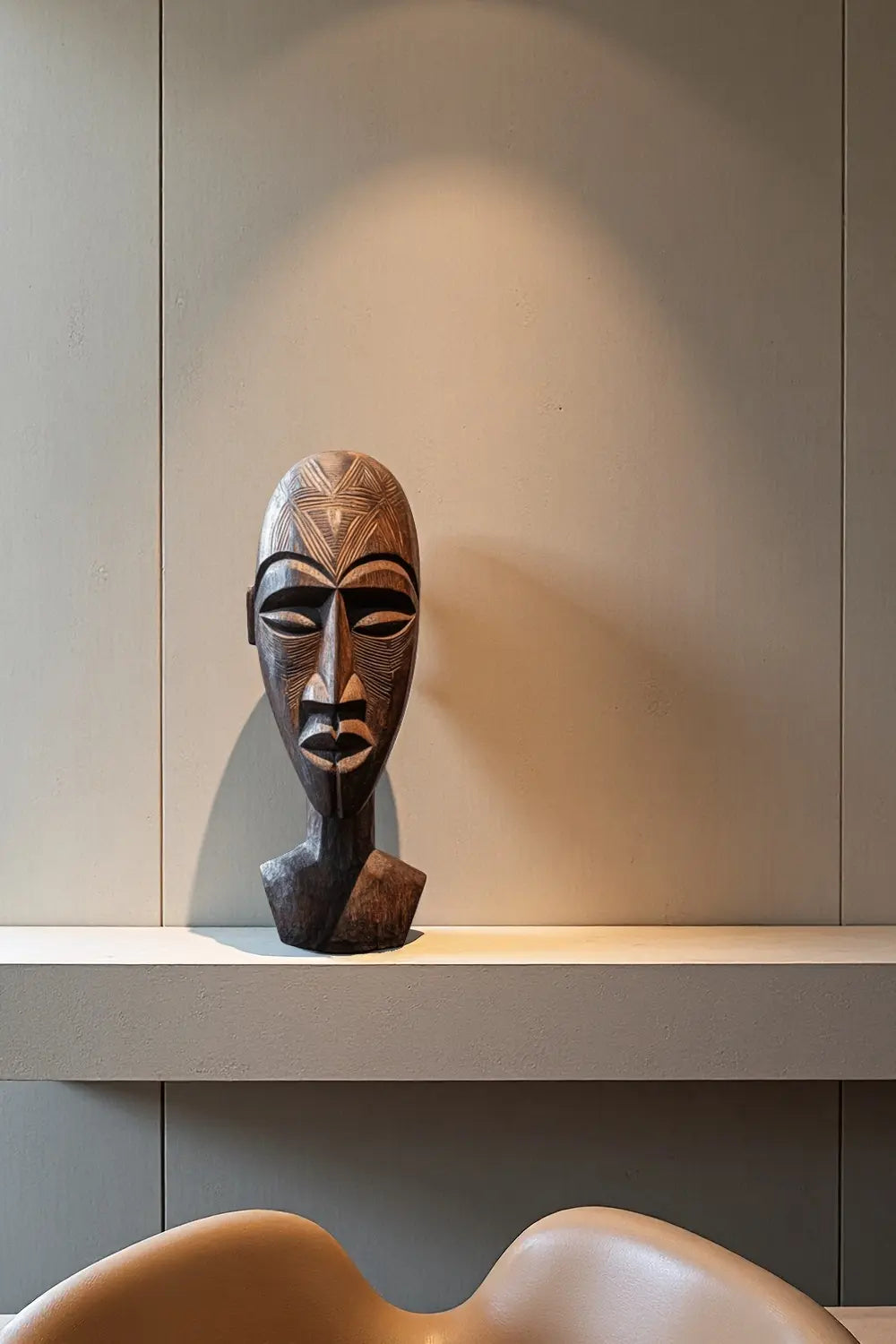 Carved African Tribal Wooden Head Sculpture – Ethnic Mask-Inspired Decorative Art