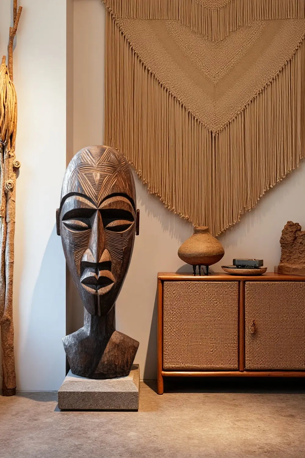 Carved African Tribal Wooden Head Sculpture – Ethnic Mask-Inspired Decorative Art