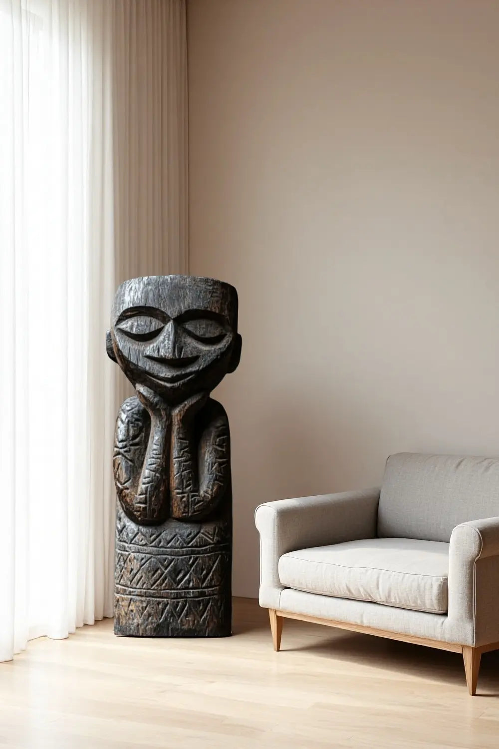 Large African Wood Sculptures Hand Carved Tribal Figures for Modern Interiors