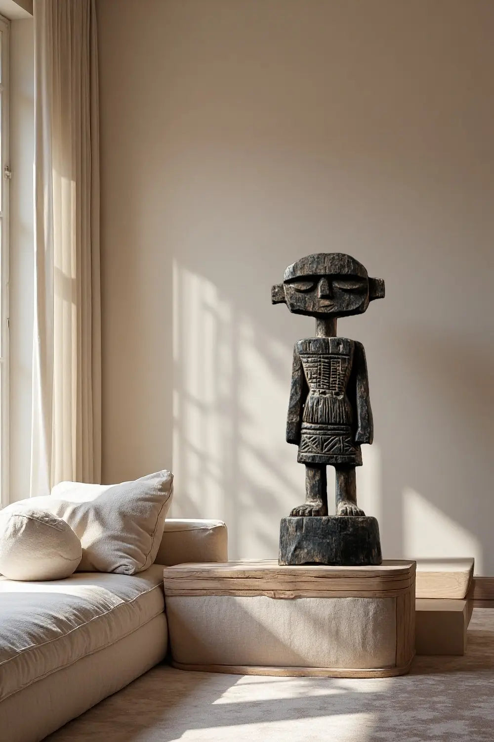 African Tribal Wooden Figure Sculpture Hand Carved Floor Standing Ethnic Art