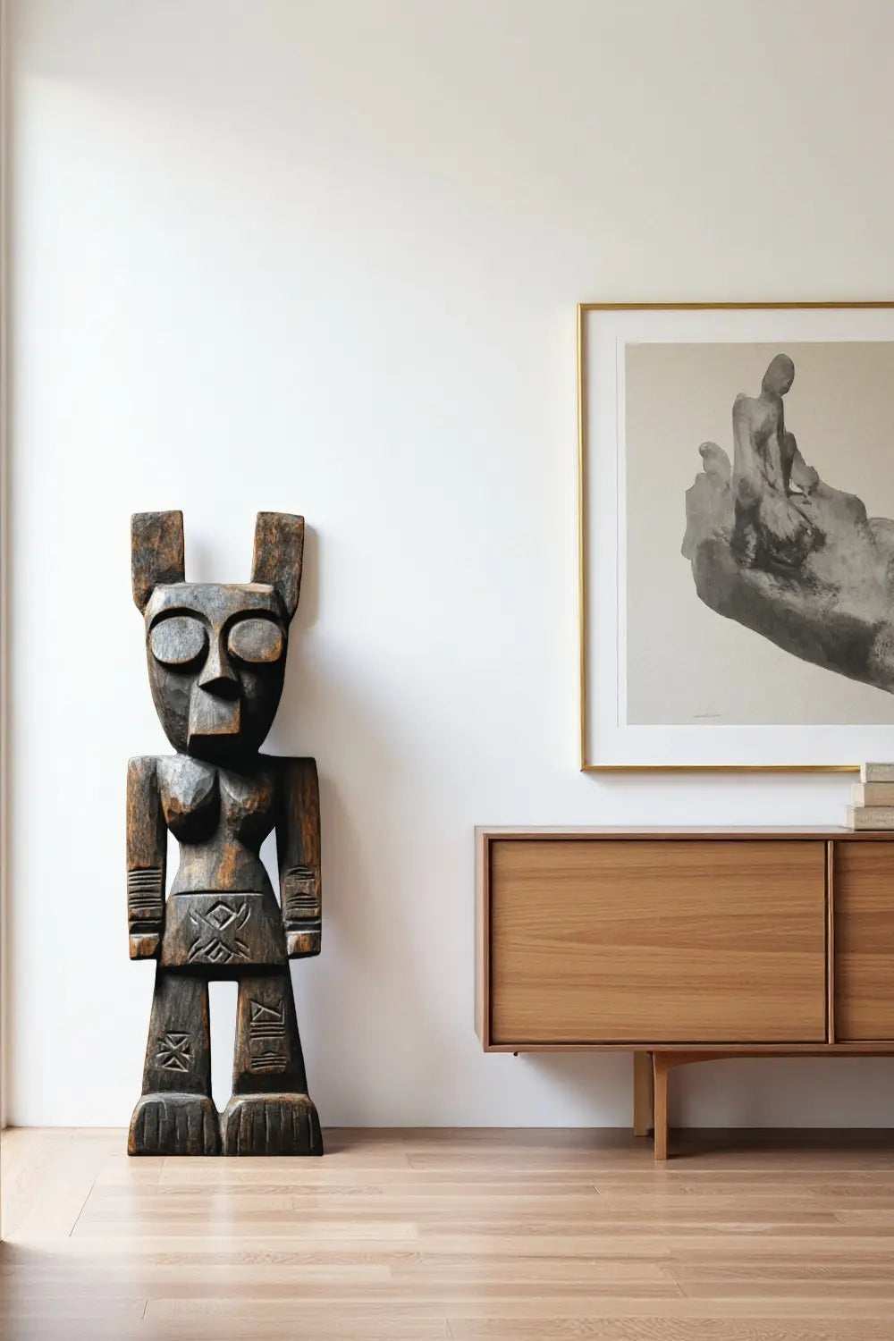 African Tribal Wooden Figure Sculpture Hand Carved Floor Standing Ethnic Art