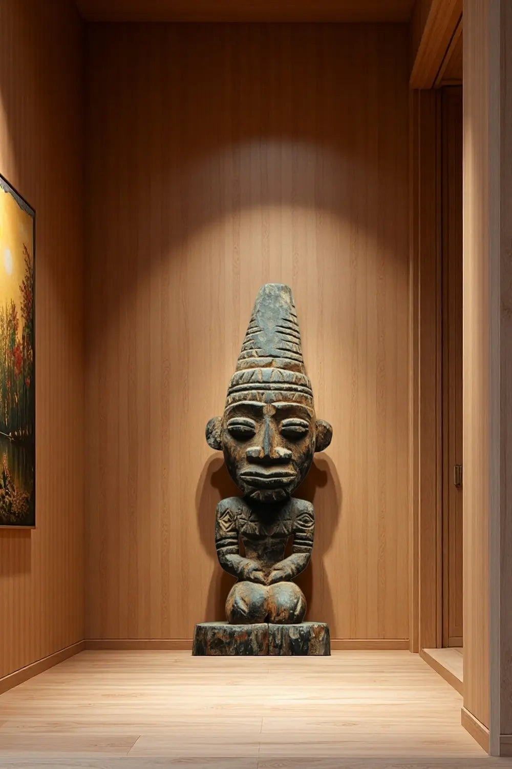 African Tribal Wooden Seated Figure Hand-Carved Floor Sculpture Ethnic Art