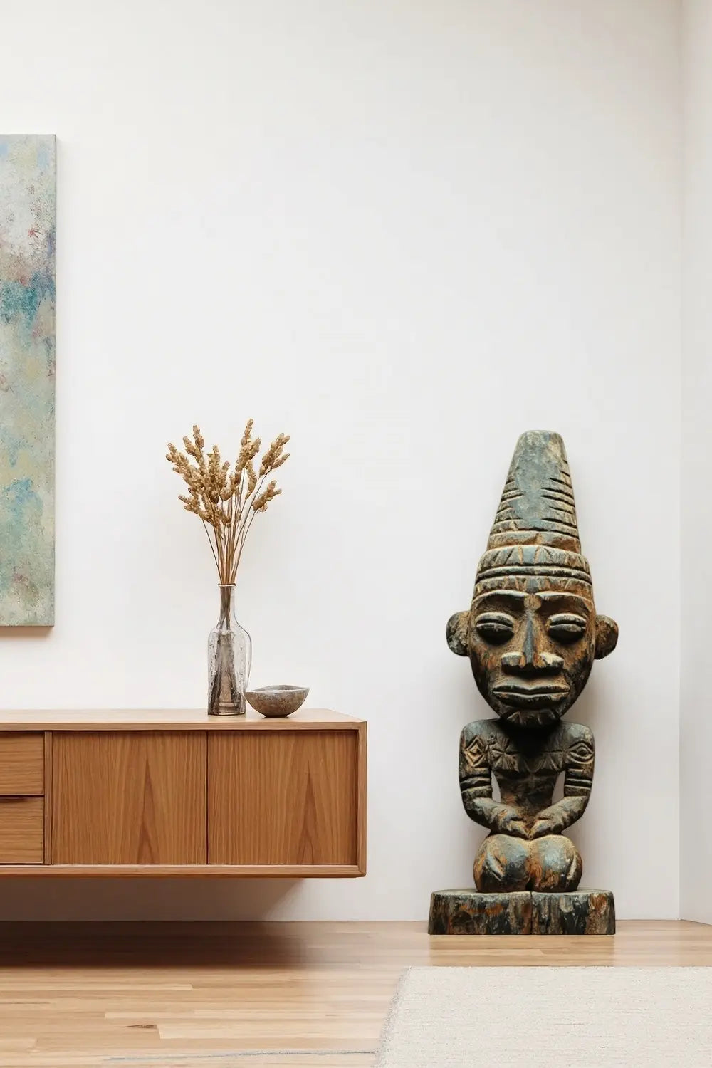 African Tribal Wooden Seated Figure Hand-Carved Floor Sculpture Ethnic Art