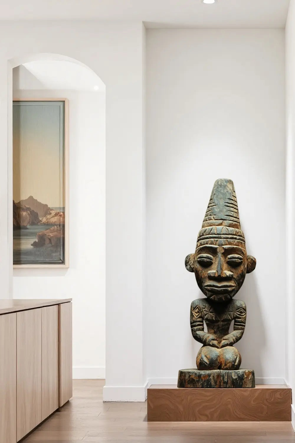 African Tribal Wooden Seated Figure Hand-Carved Floor Sculpture Ethnic Art