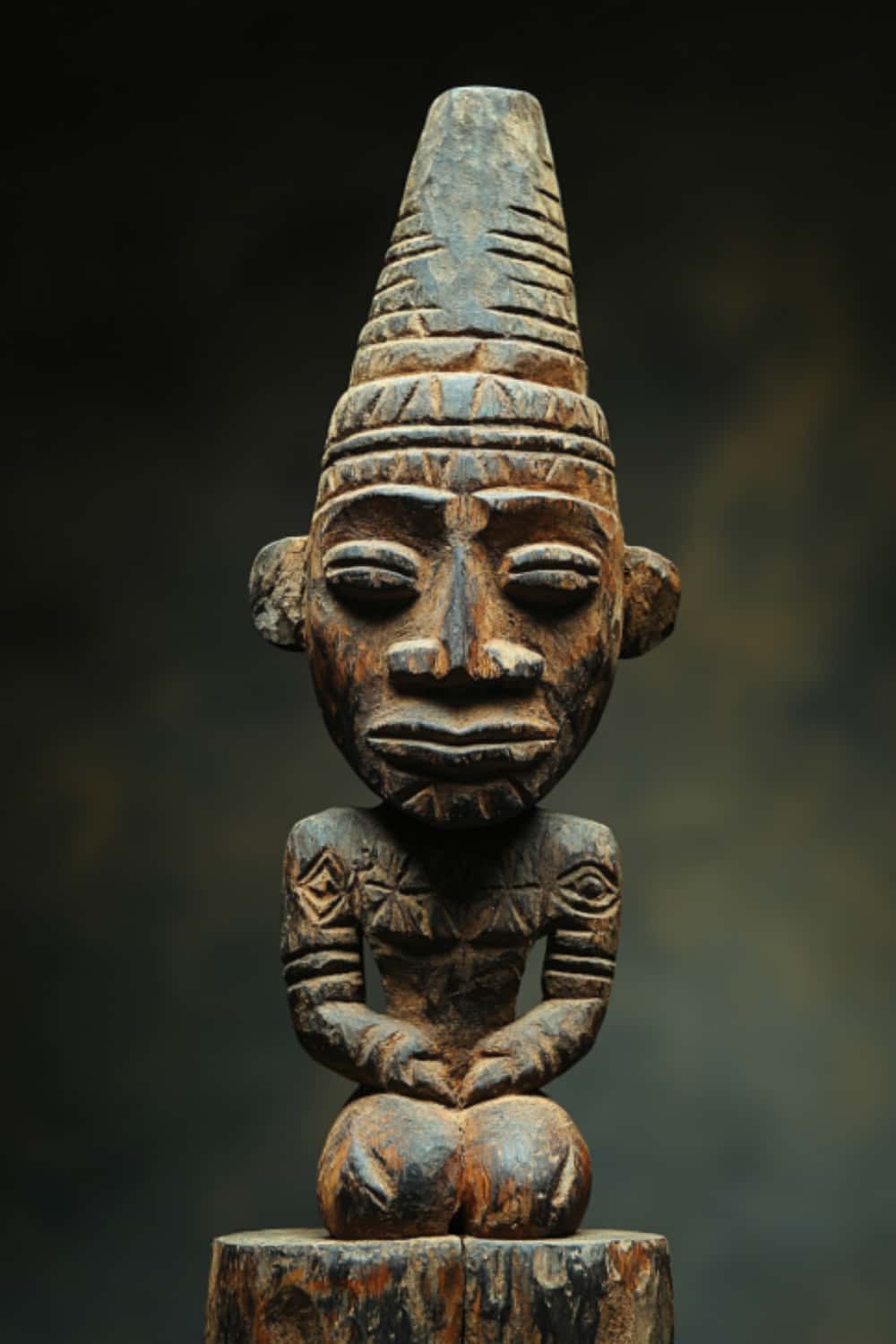 African Tribal Wooden Seated Figure Hand-Carved Floor Sculpture Ethnic Art