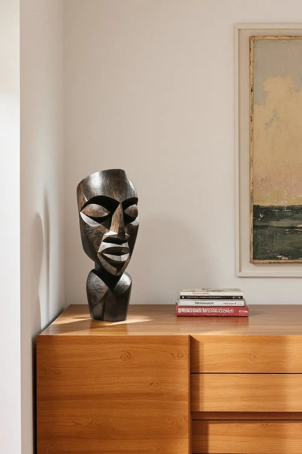 African Abstract Wooden Mask Sculpture Hand Carved Tribal Art Home Décor