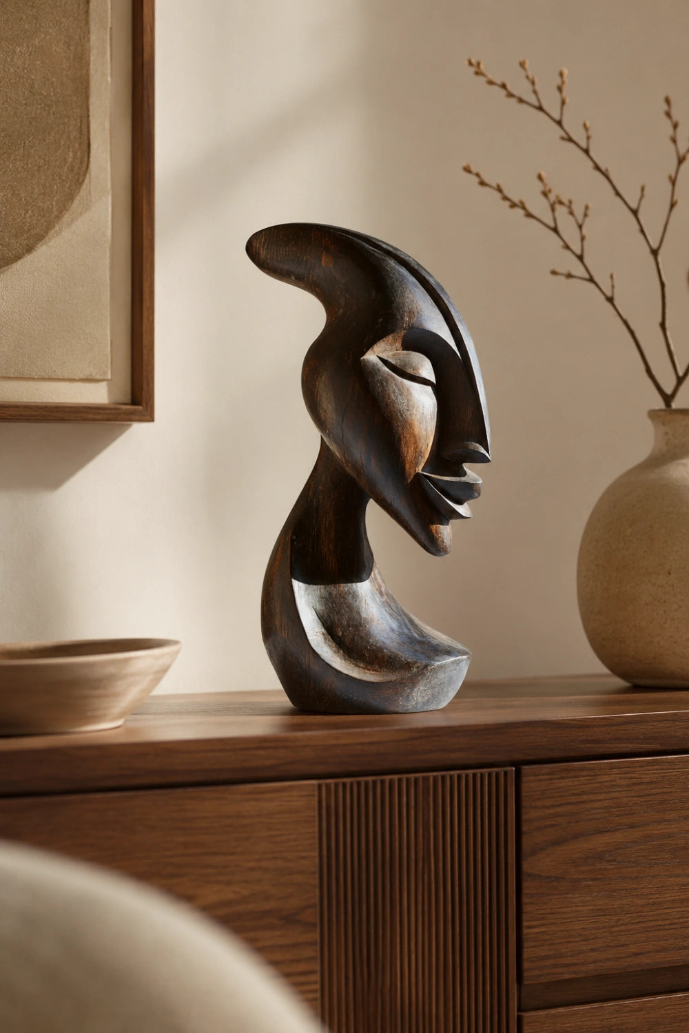 African Inspired Wooden Figure Statue | Mid-Century Modern Tabletop Decor