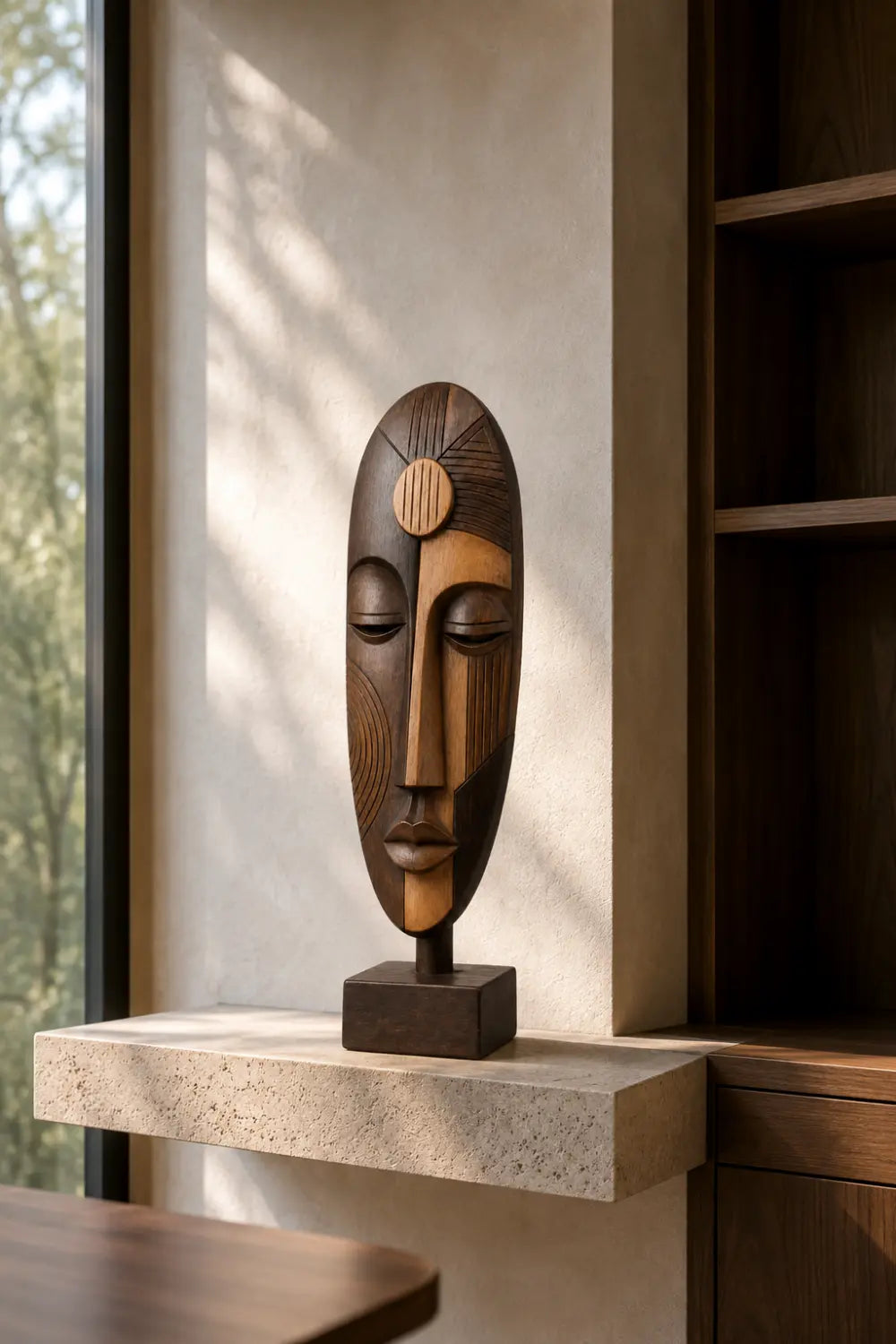 Abstract Wooden Face Sculpture | Tabletop Decor Accent for Living Space