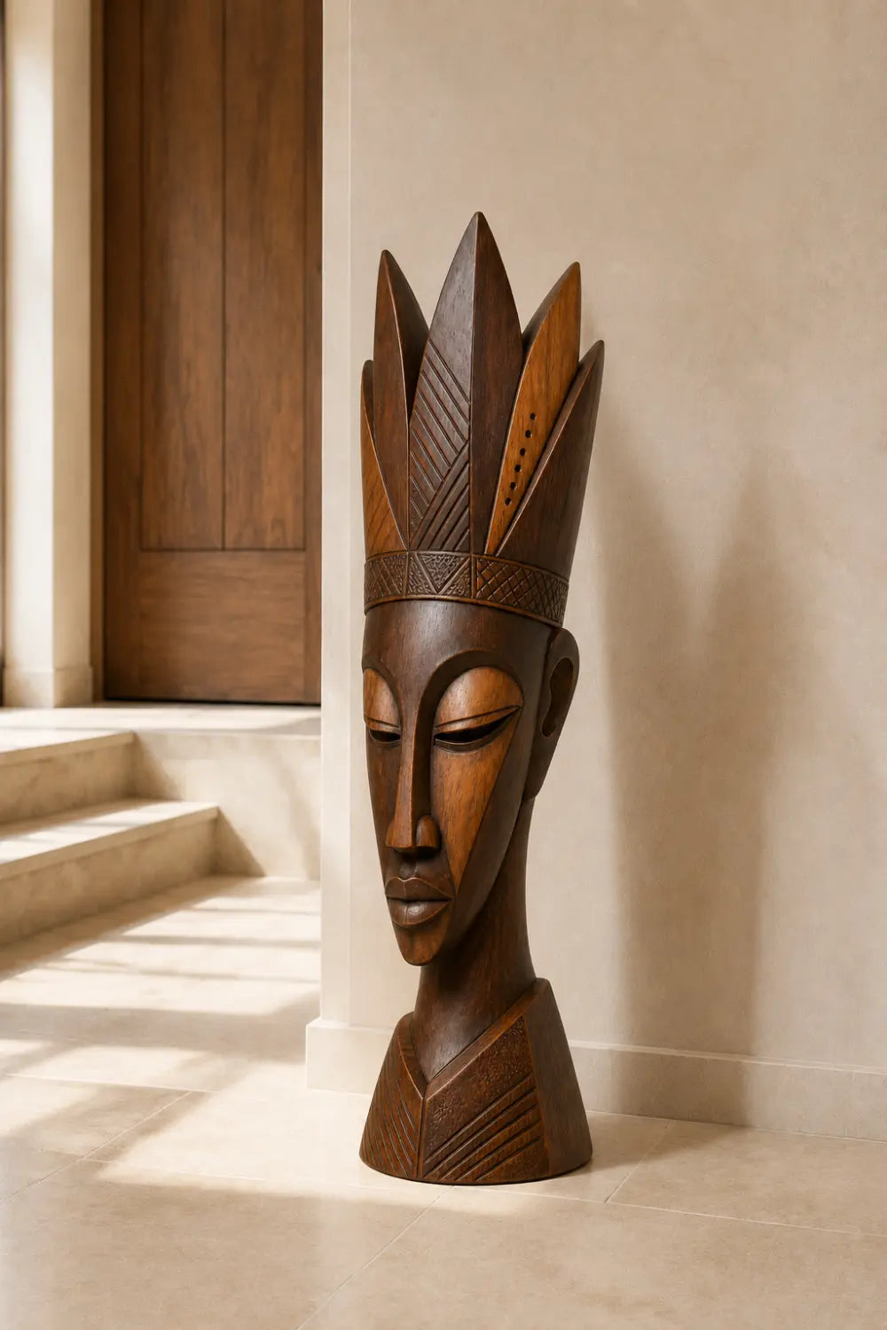 Carved Wood Floor Sculpture | Tall Aesthetic Head Statue for Living Space