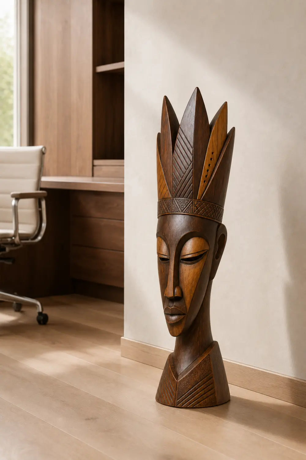 Carved Wood Floor Sculpture | Tall Aesthetic Head Statue for Living Space